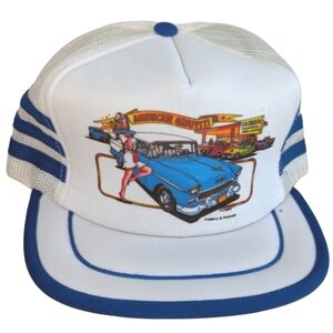 Vintage 1988 American Graffiti Mel's Custom Hats White Blue Snapback Trucker Hat